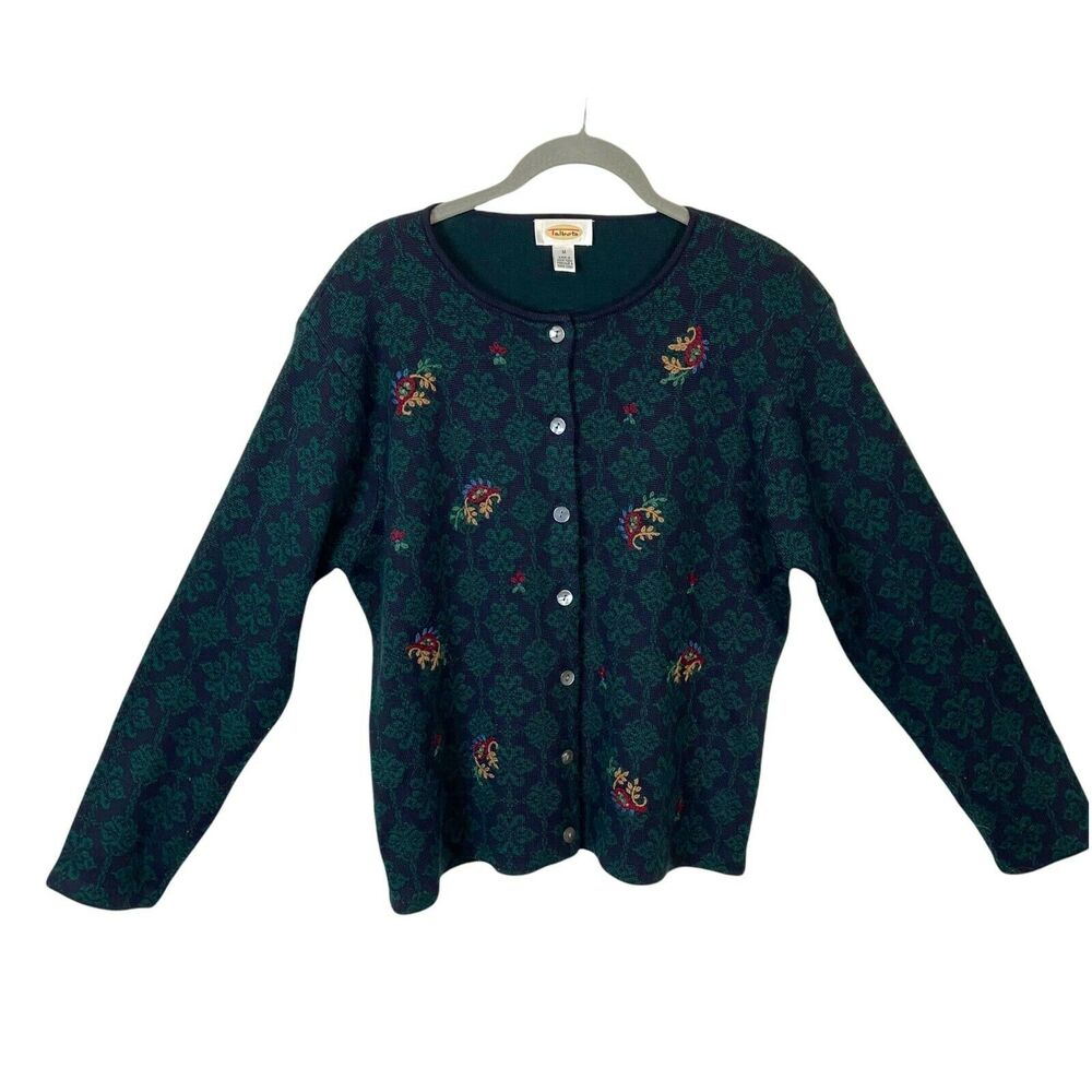 Talbots Cardigan Sweater Preppy Blue Green Long Sleeves size Medium Vintage 90s